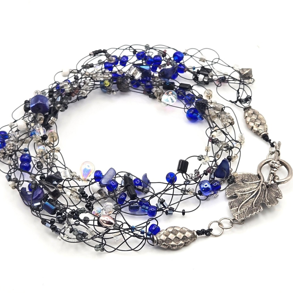 Crocheted Cobalt Blue‎ Glass Bead Handmade Wire Necklace Silver Tone Leaf Clasp